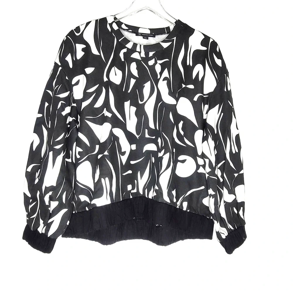 INC International Concepts Crew Neck Sweatshirt Large Black White Print